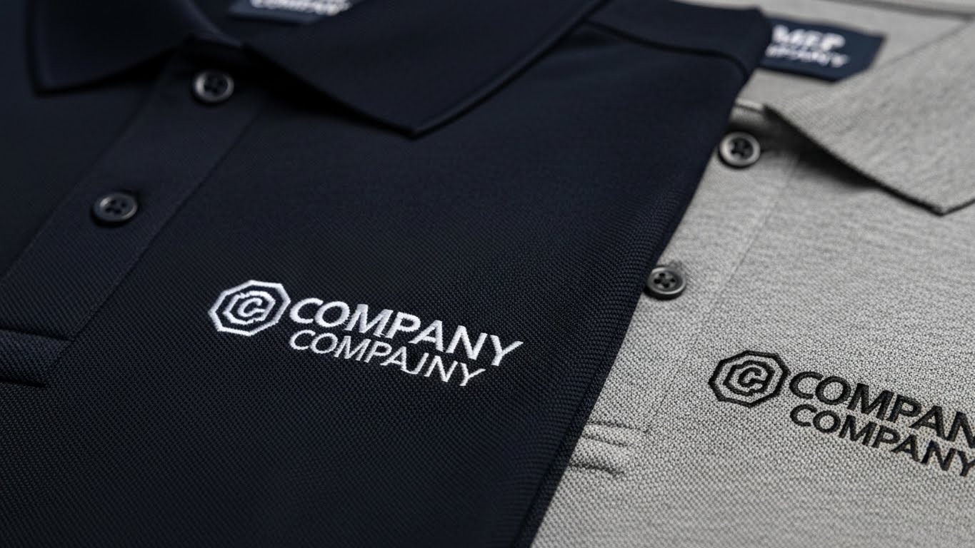 דוגמאות לוגו רקום על חולצות פולו בצבעים שונים - נייבי, שחור ואפור