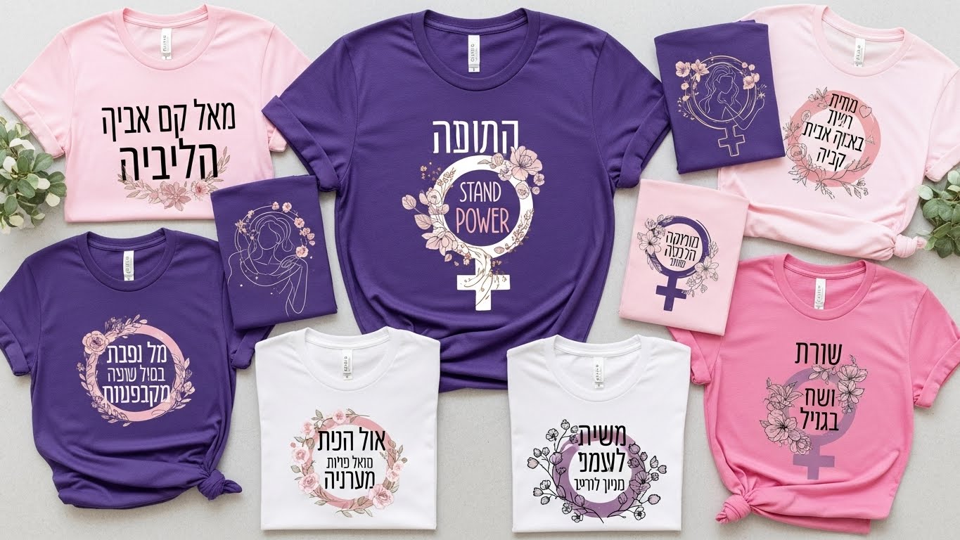 דוגמאות לעיצובים מעצימים ומרגשים לחולצות יום האישה - ציטוטים בעברית, סמלים נשיים וצבעים דומיננטיים