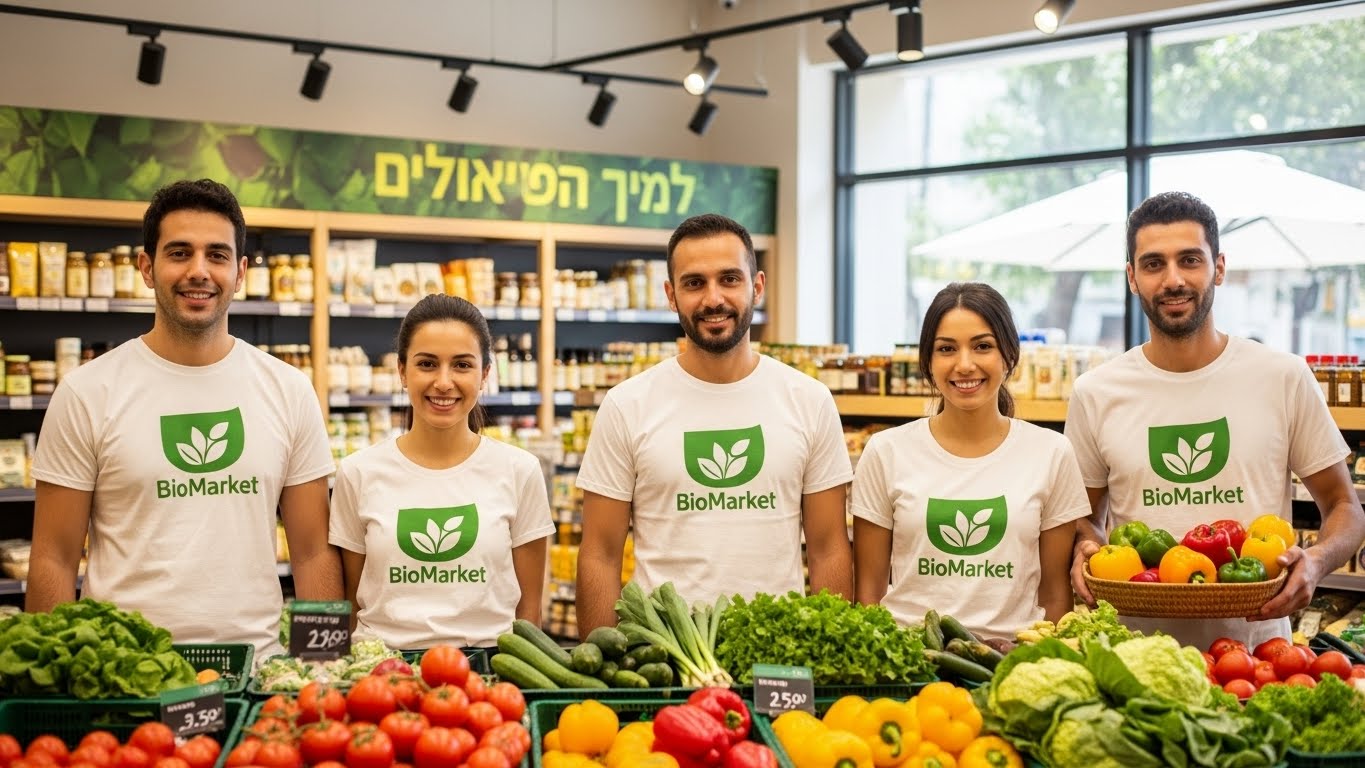 דוגמה של צוות חנות מזון אורגני לבוש בחולצות מותגות