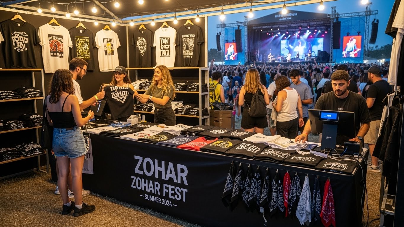 דוכן מכירת מרצ'נדייז בהופעה, חולצות מוזיקליות מוצגות, מעריצים קונים