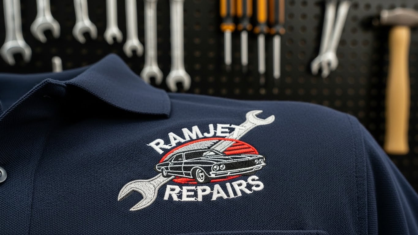 הדפסת לוגו מוסך ברקמה איכותית על חולצת פולו