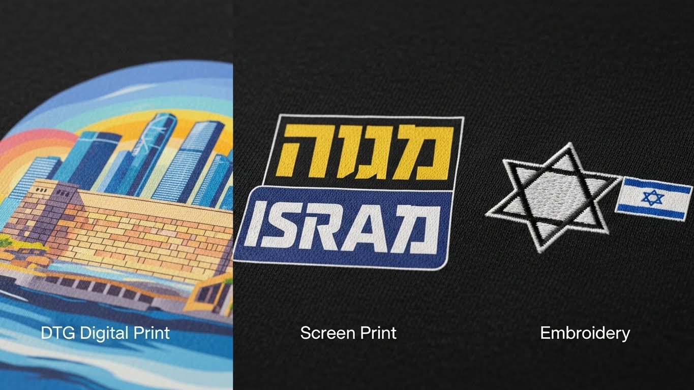 השוואה בין שיטות הדפסה שונות על חולצות - DTG, סילקסקרין ורקמה