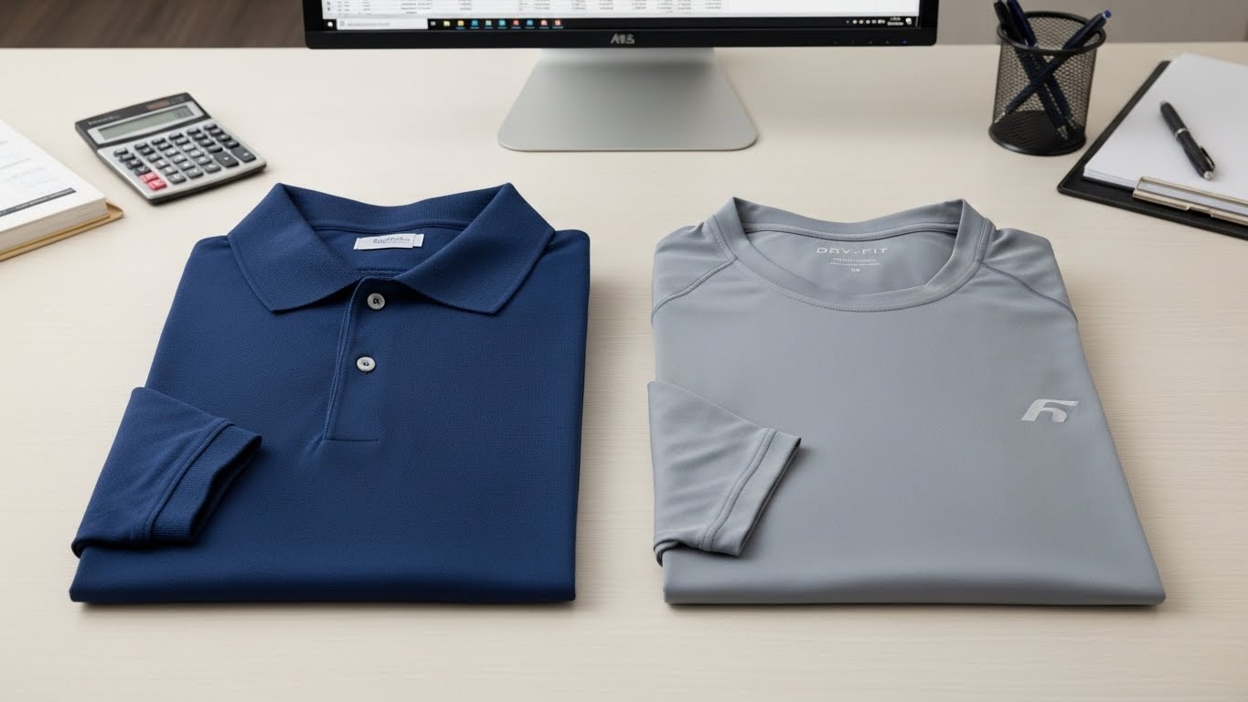 השוואה צד-לצד של חולצת פולו וחולצת דריי-פיט במשרד מקצועי