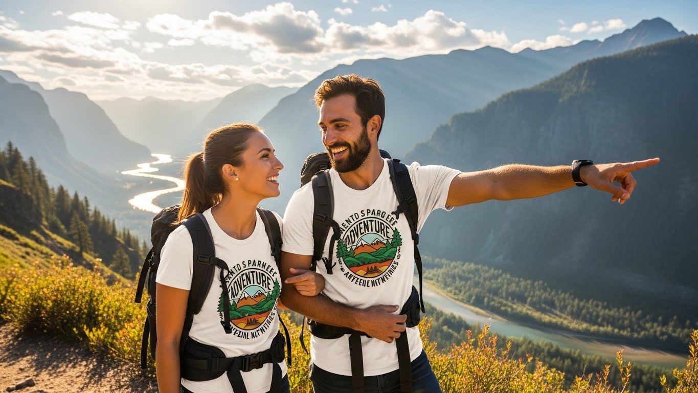 זוג בטיול לובש חולצות תואמות