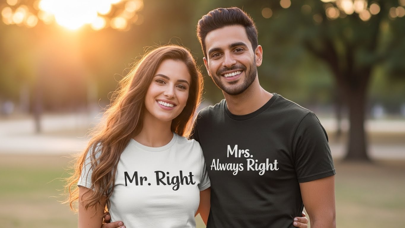 זוג צעיר מחייך לובש חולצות תואמות עם עיצוב רומנטי