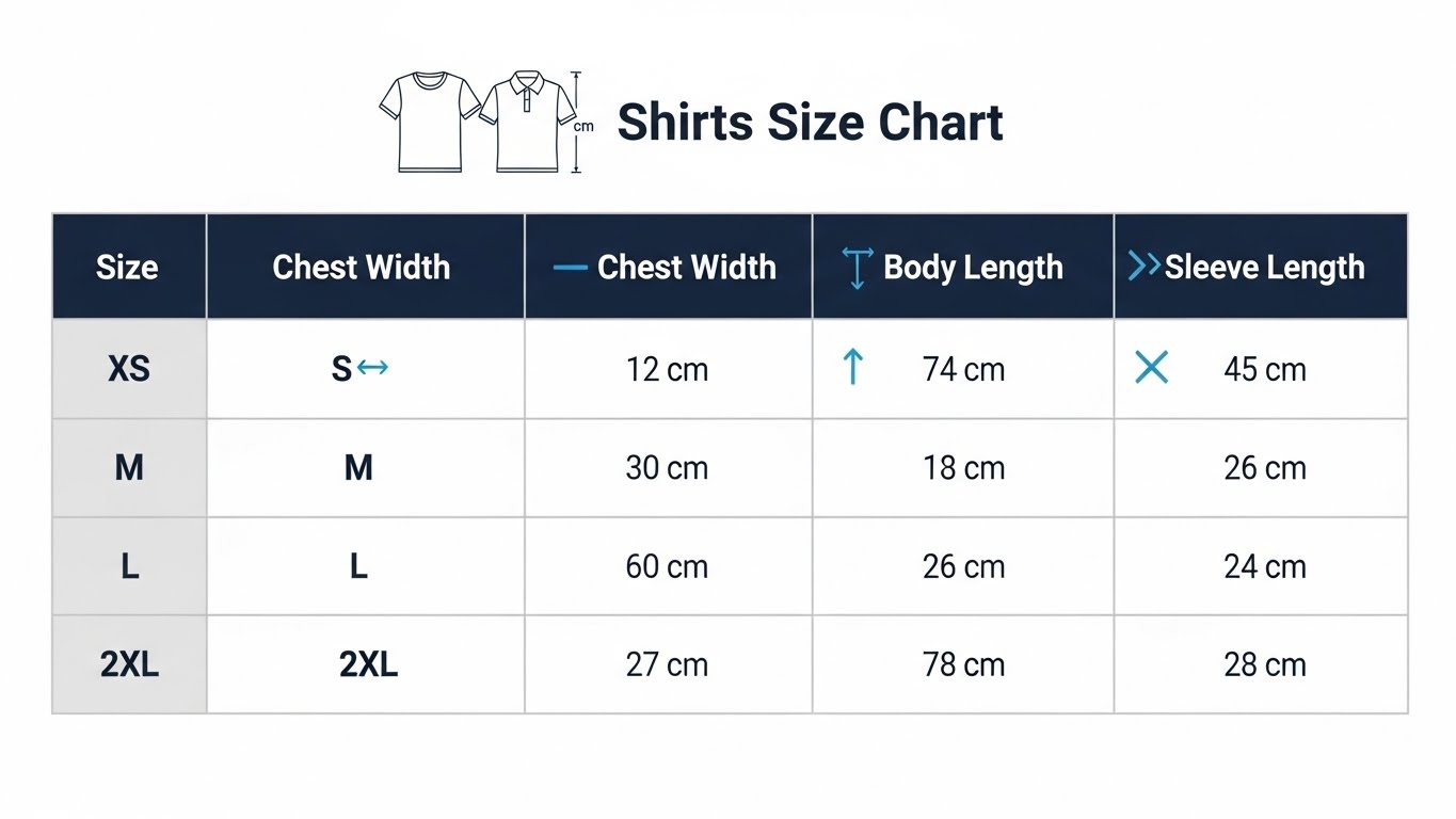 טבלת מידות לחולצות