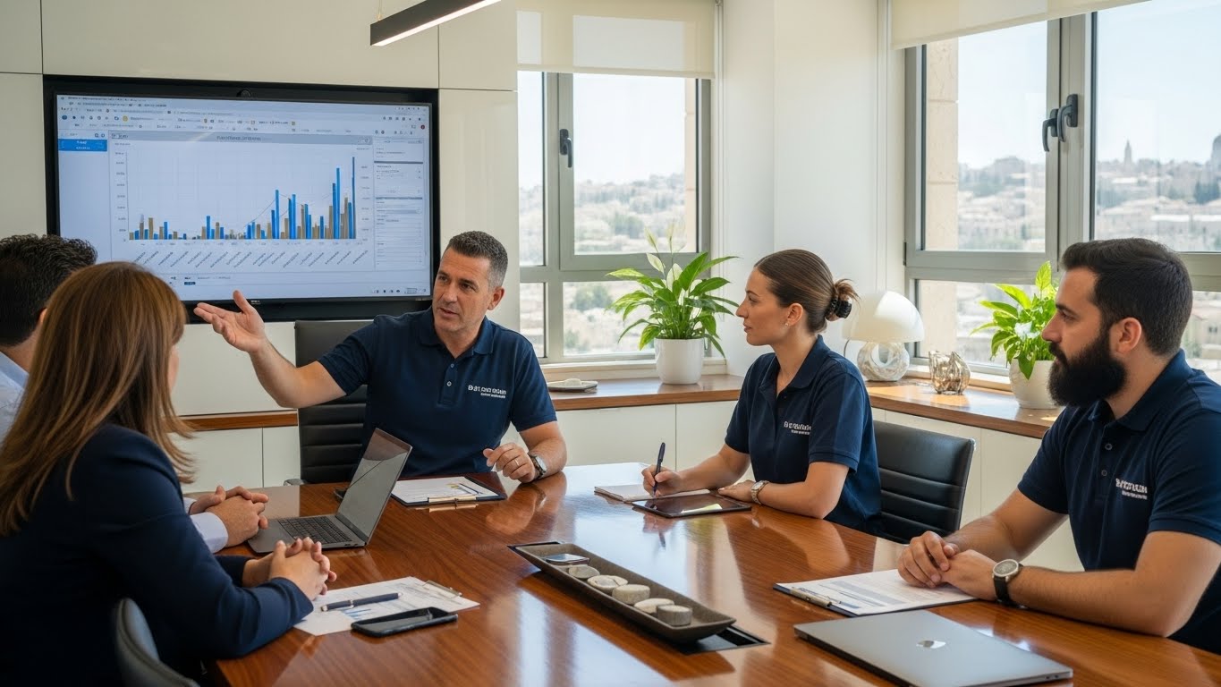 יועצים פיננסיים בחולצות פולו ממותגות בפגישה עם לקוח