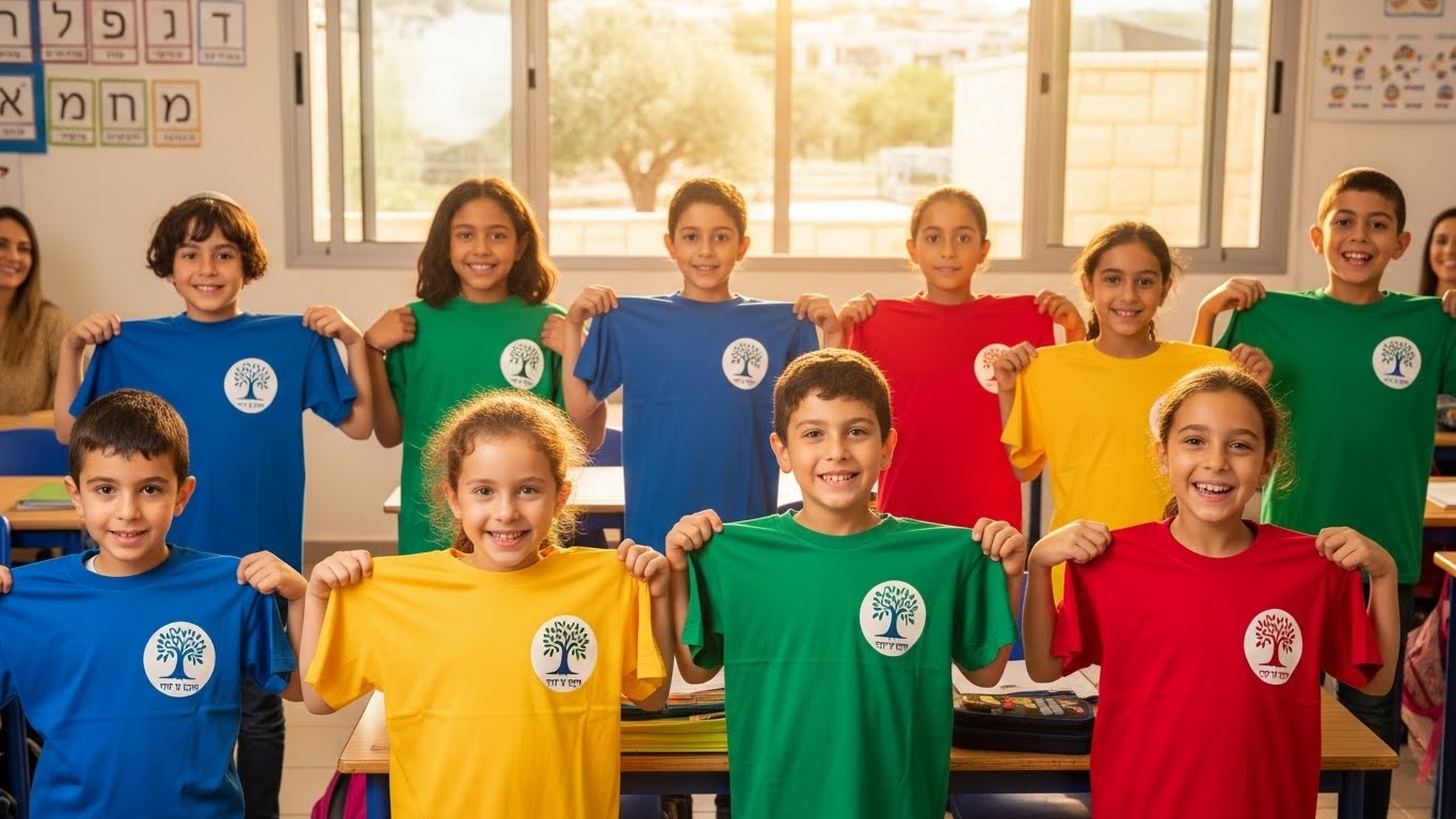 ילדי כיתה א' מציגים בגאווה את חולצות בית הספר החדשות שלהם עם סמל צבעוני ועיצוב מודרני