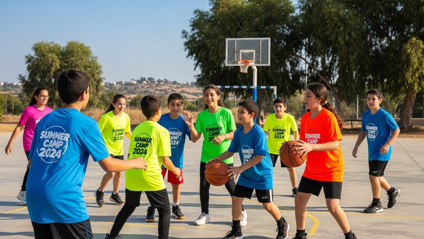 ילדים בגילאי 7-10 לובשים חולצות דרייפיט צבעוניות בקייטנת קיץ, משחקים בכדור במגרש דשא, רקע שמיים כחולים