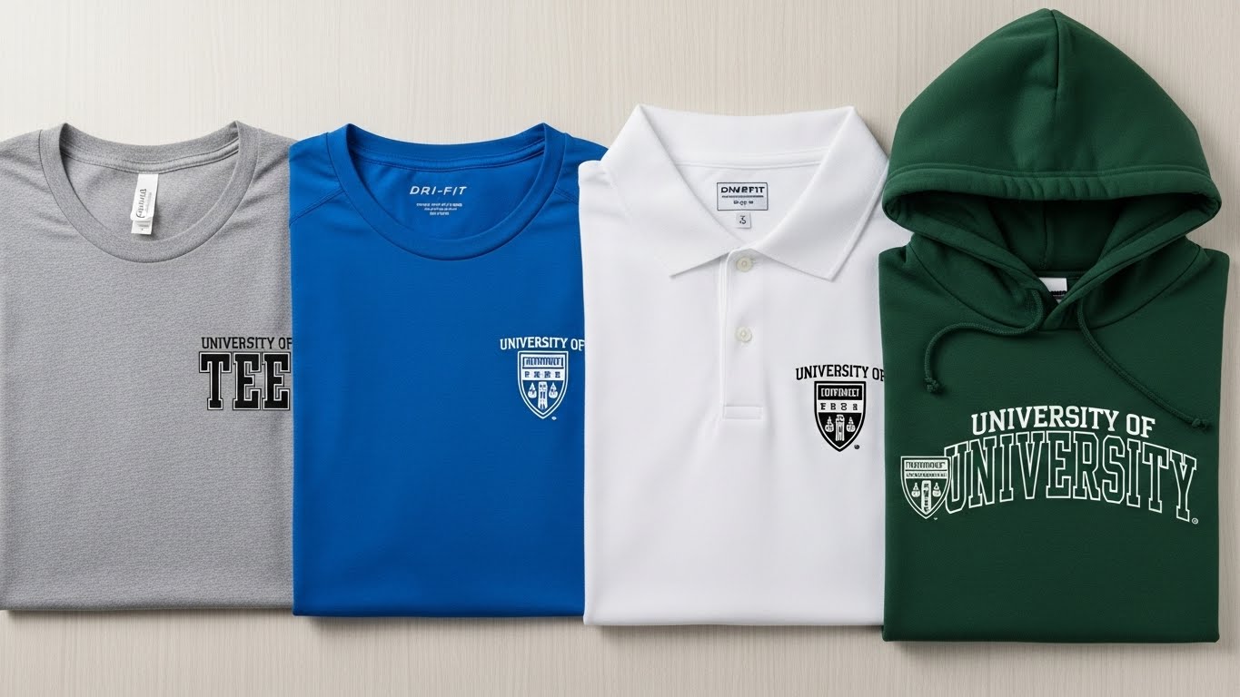 מגוון חולצות - טי שירט, דרייפיט, פולו וקפוצון עם הדפסות לוגו אוניברסיטאי