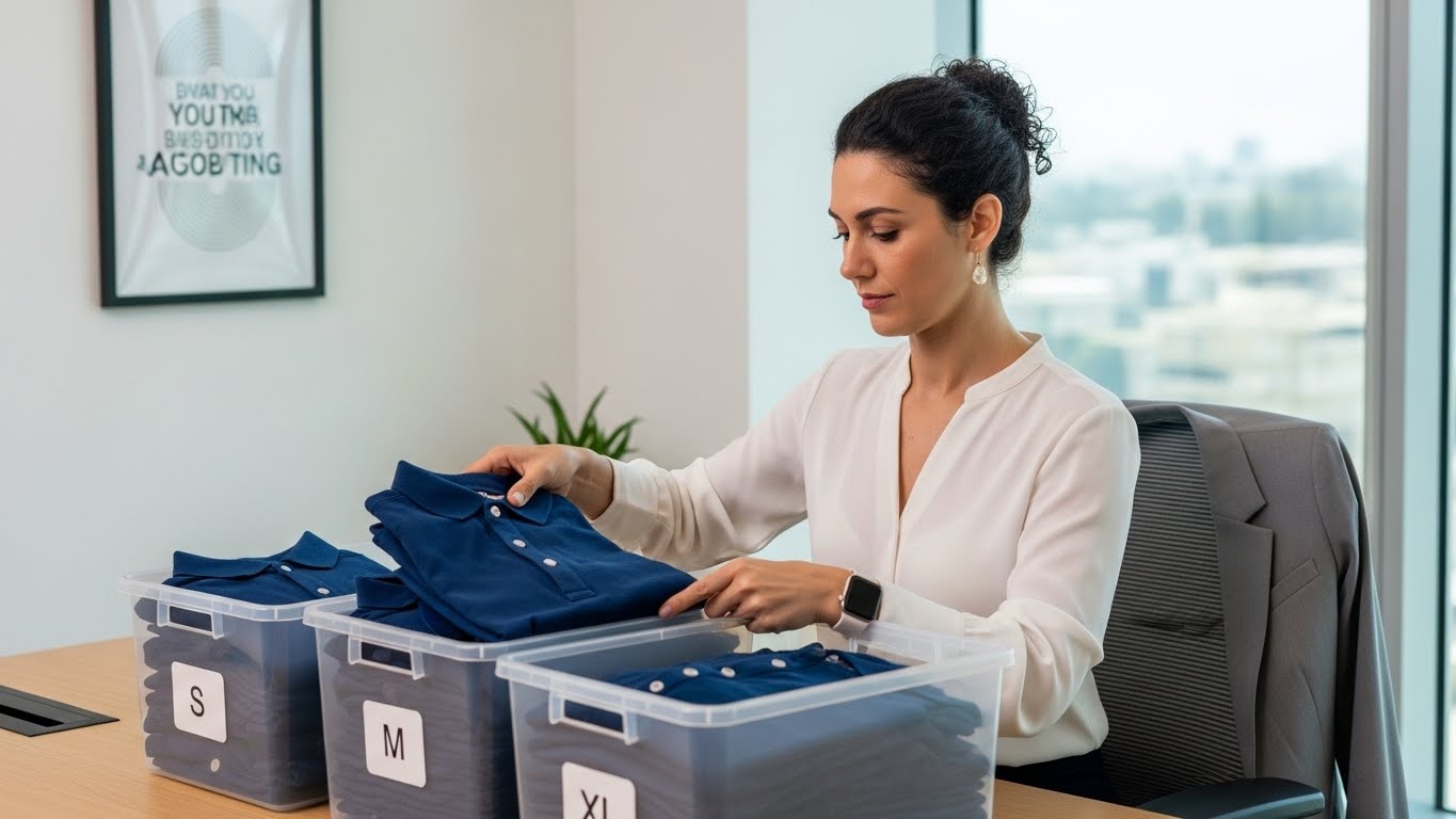 מדריכת קריירה מחזיקה קופסה מלאה בחולצות פולו מסודרות לפי מידות
