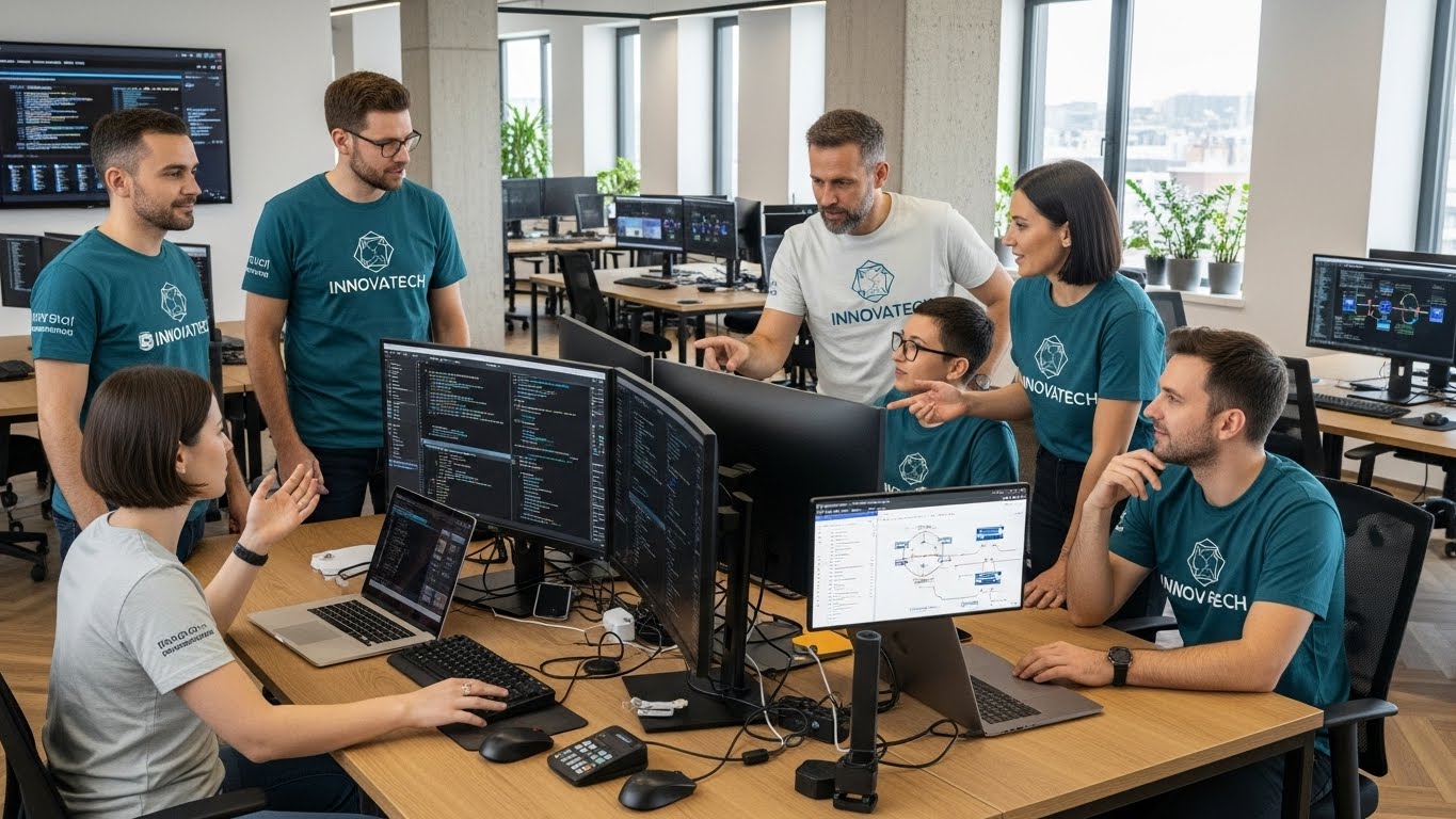 מהנדסי תוכנה וצוות DevOps עם חולצות טי שירט מעוצבות במשרד היי-טק