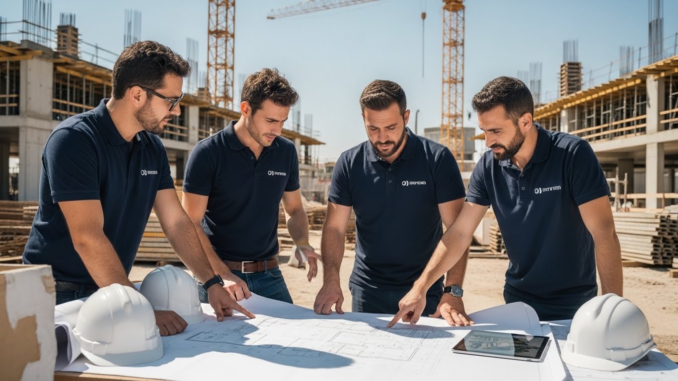 מנהלי פרויקטים מקצועיים בחולצות פולו מותגות בפגישה באתר בנייה