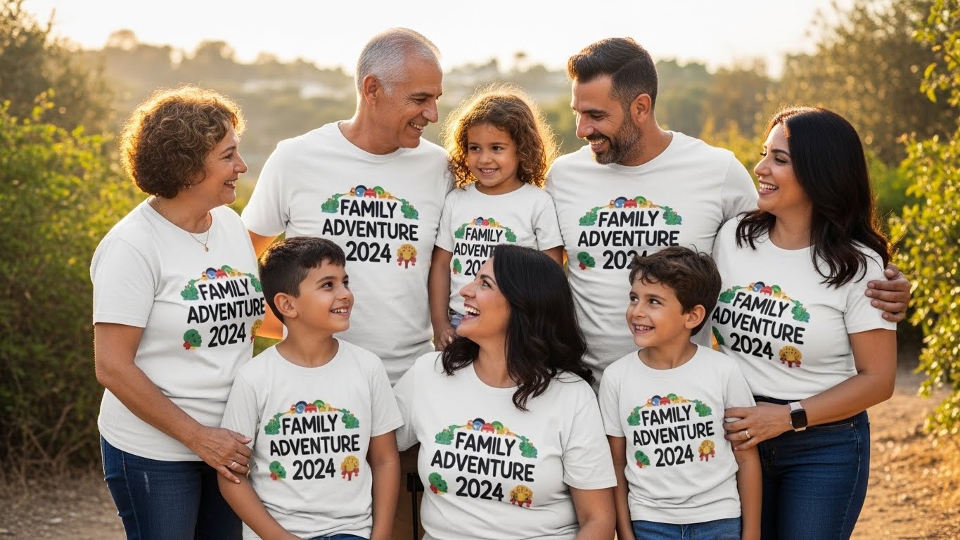 משפחה מרובת דורות לובשת חולצות תואמות בטיול