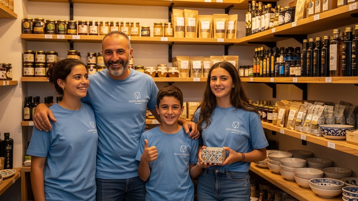 משפחה עומדת ביחד בחנות עם חולצות ממותגות