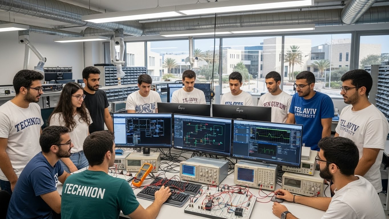 סטודנטים במעבדת הנדסה עם חולצות מותגות