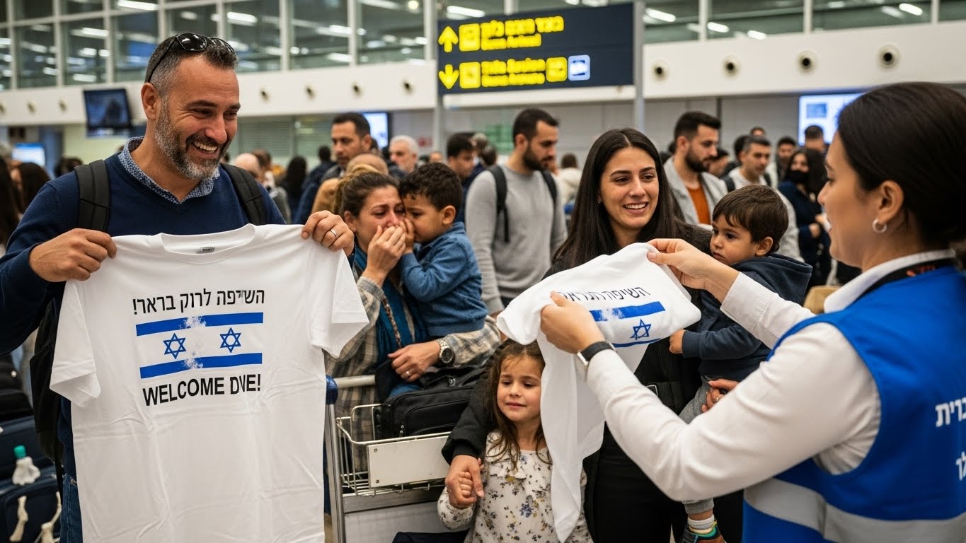 עולים חדשים בנמל התעופה בן גוריון מקבלים חולצות מודפסות כמתנת קבלת פנים, רגע מרגש