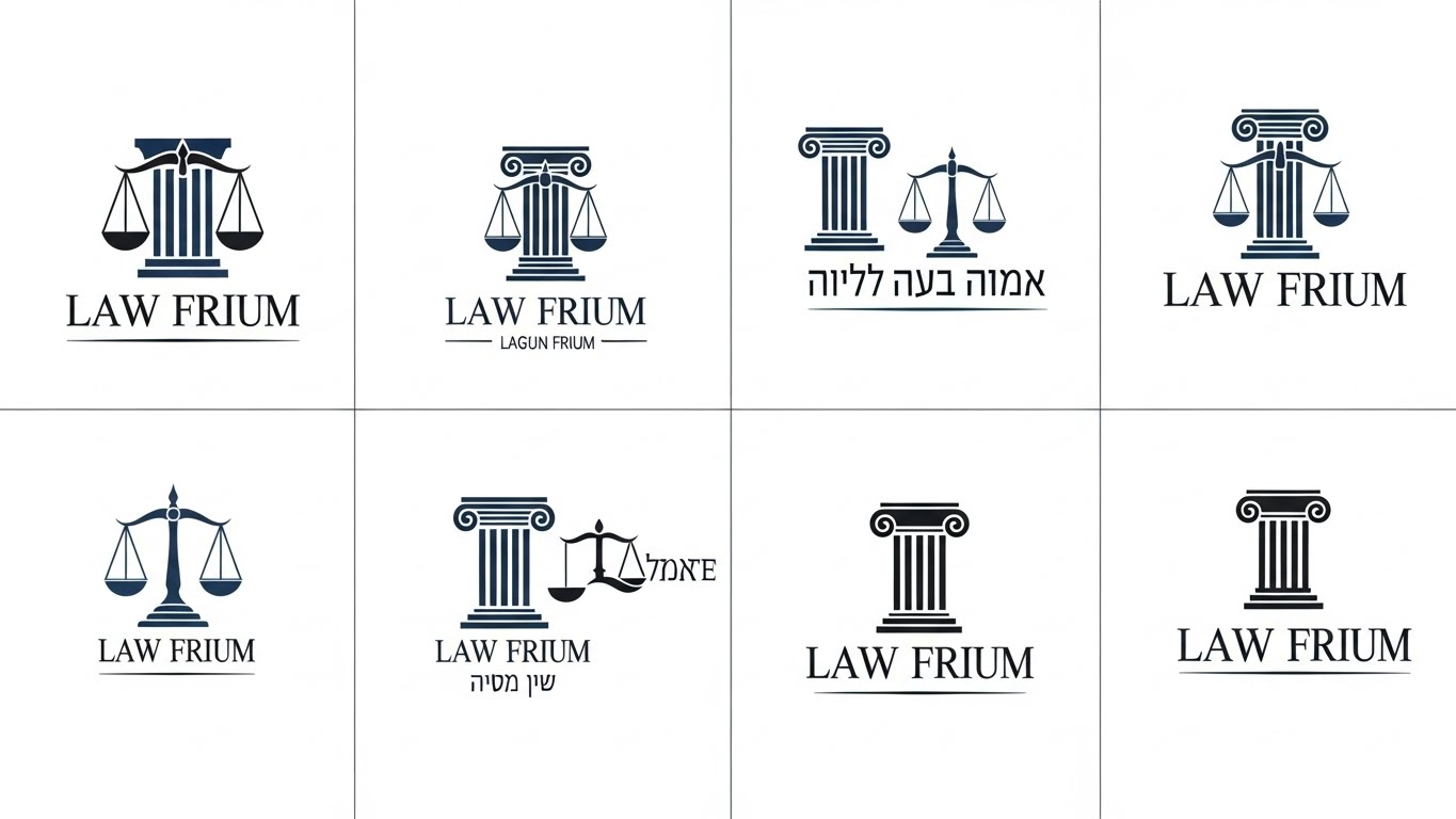 עיצובי לוגו דוגמה למשרדי עורכי דין, כולל כף מאזניים, פונטים מקצועיים ופלטת צבעים קלאסית
