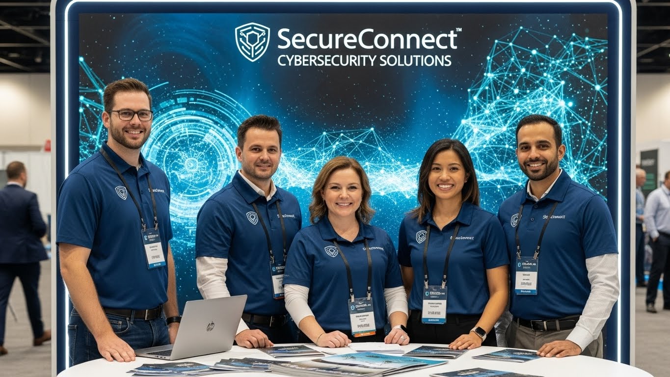 צוות אבטחת סייבר בחולצות ממותגות מקצועיות בכנס תעשייתי