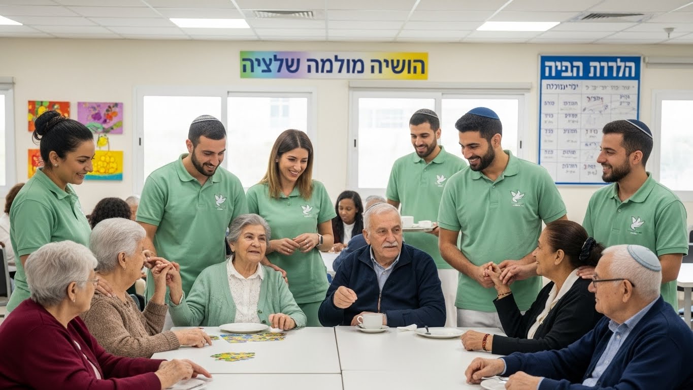 צוות מטפלים במרכז יום לקשישים עם חולצות אחידות ונוחות