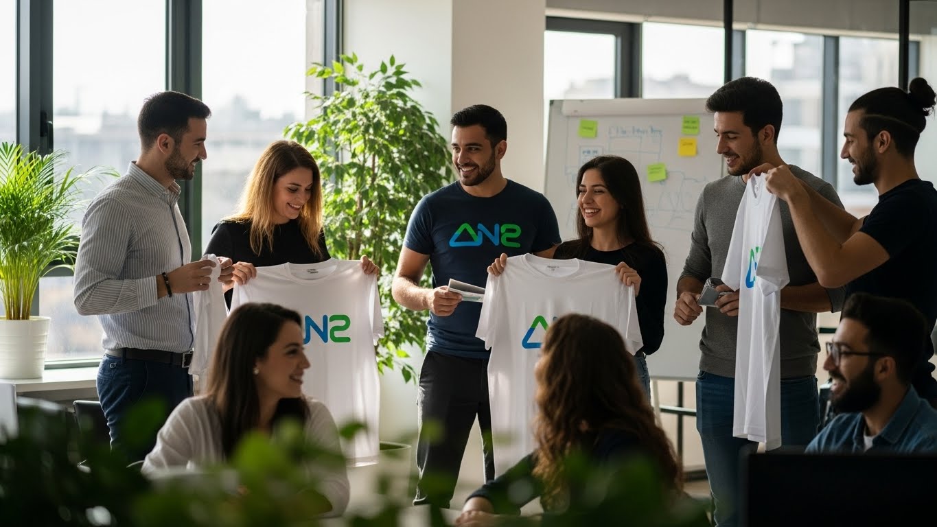 צוות מיזם הייטק חברתי מקבל חולצות חדשות, רגע חגיגי