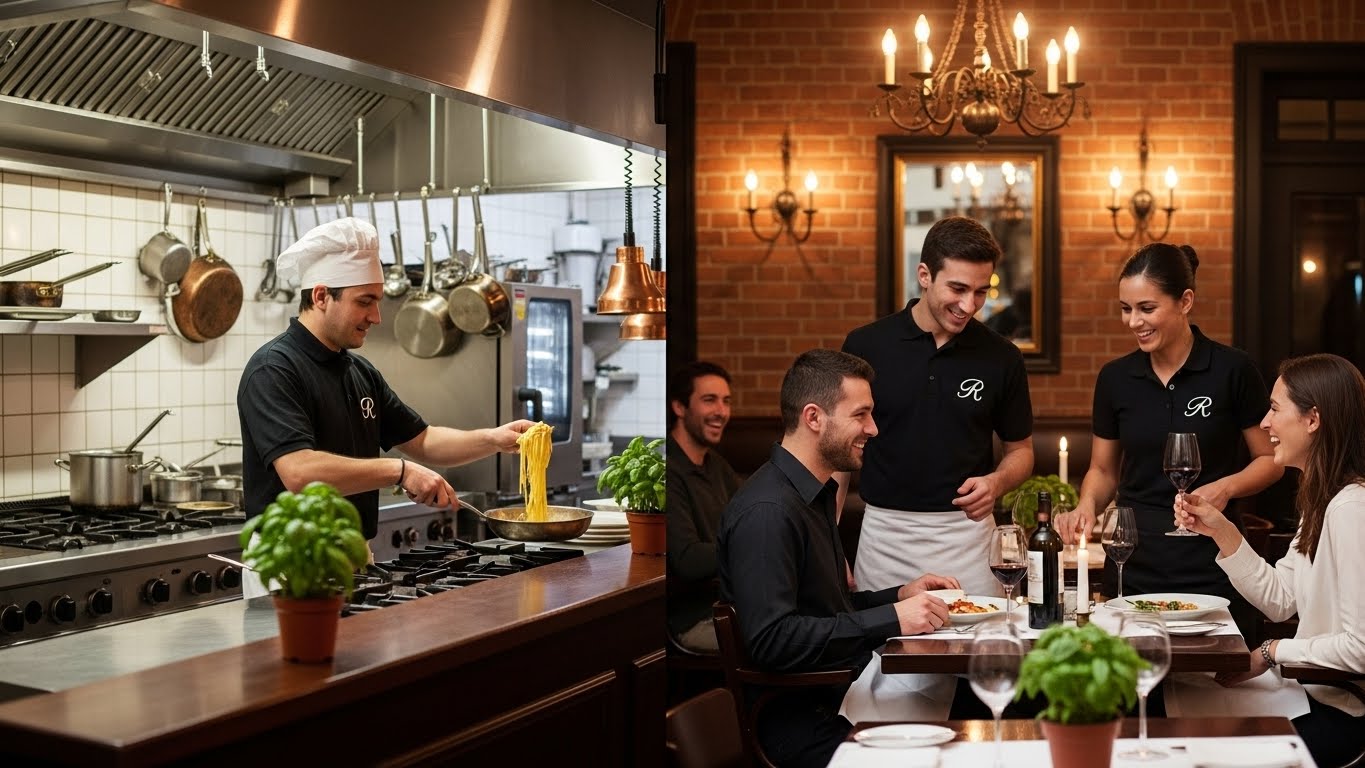 צוות מסעדה איטלקית לובש חולצות פולו שחורות עם לוגו רקום