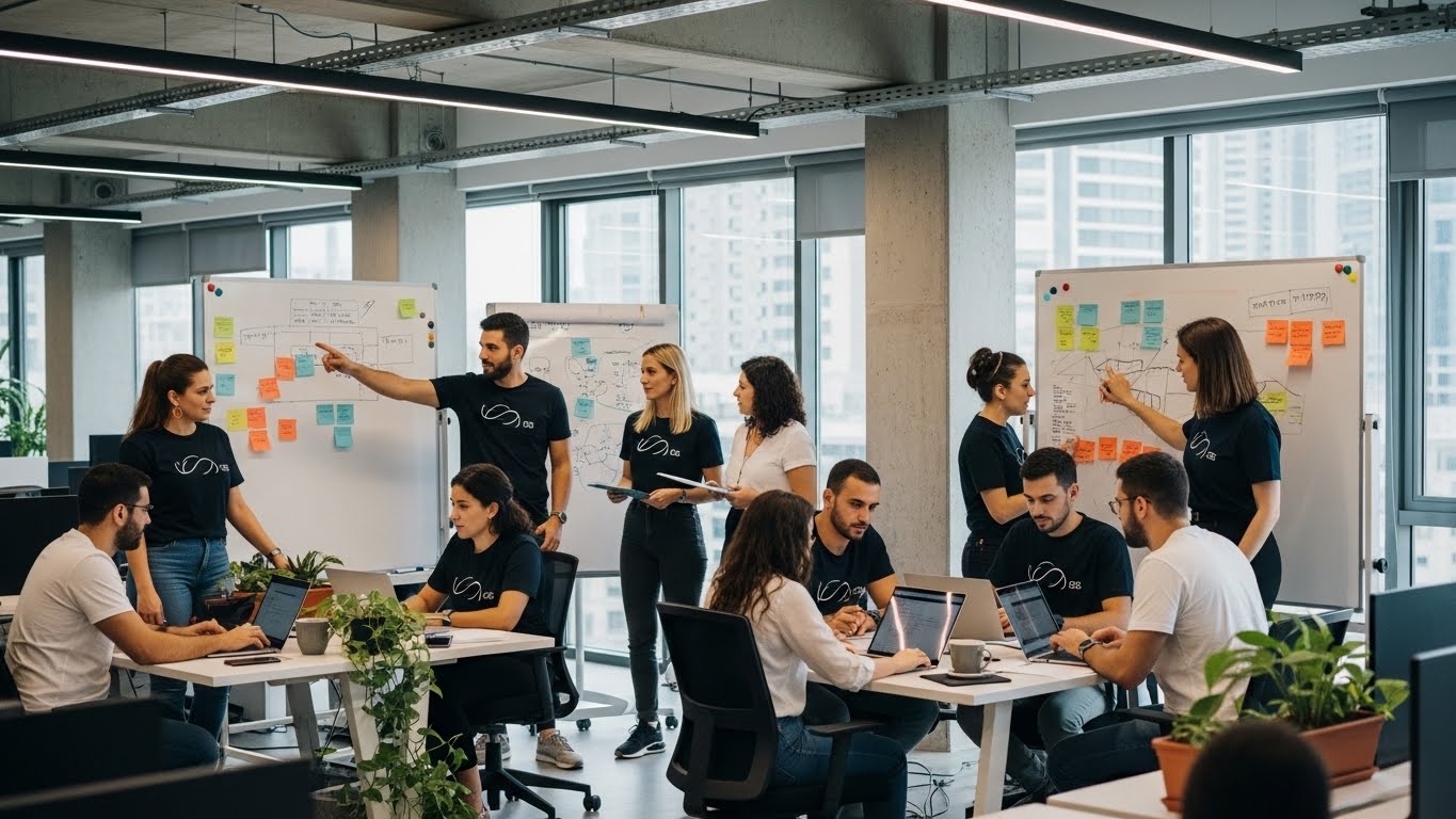 צוות מפתחים בחברת אפליקציות לובשים חולצות ממותגות במשרד מודרני