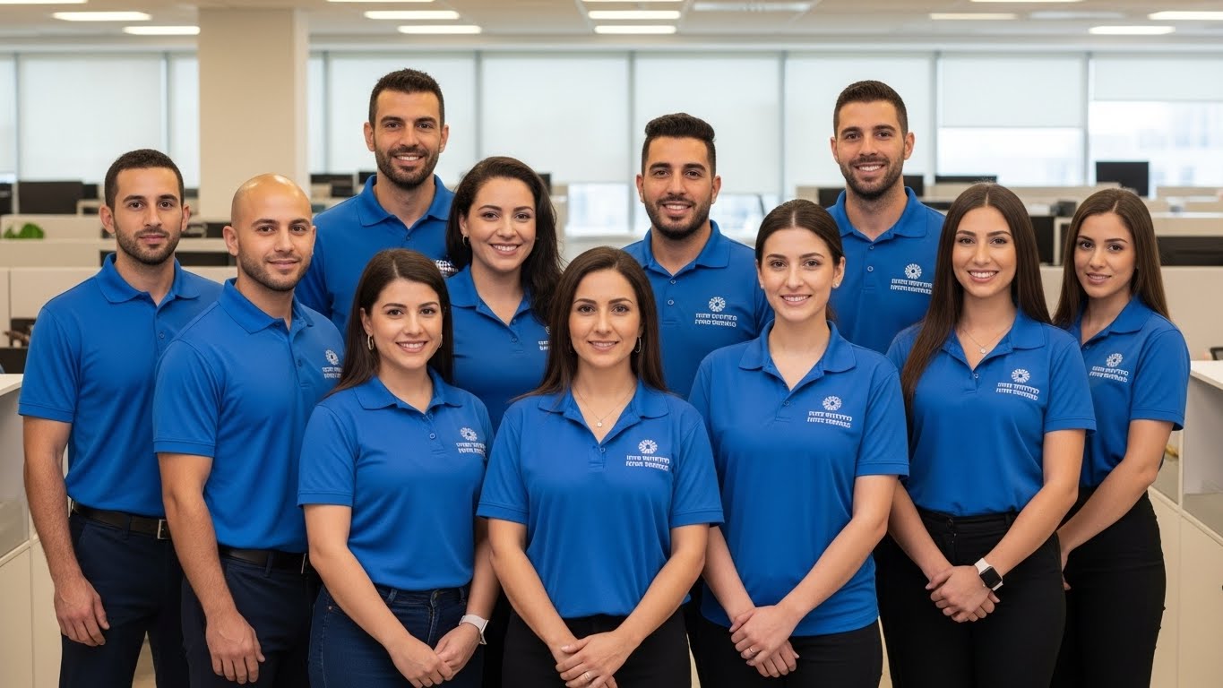צוות משרד ביטוח לאומי לובש חולצות פולו מקצועיות עם לוגו מוסדי