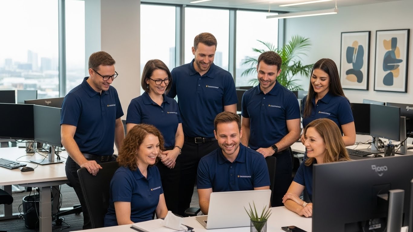 צוות משרד הנהלת חשבונות מקצועי לובש חולצות פולו ממותגות בצבעים כהים