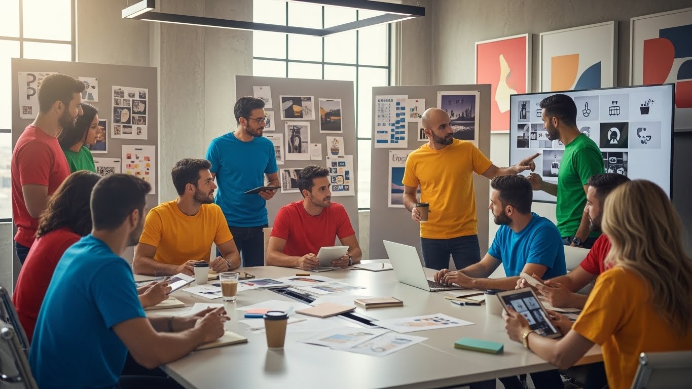 צוות משרד פרסום בחולון לובש חולצות ממותגות בפגישת עבודה יצירתית