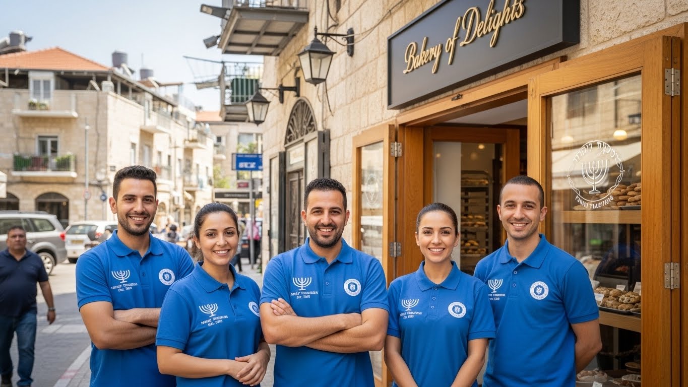 צוות עובדים בחולצות פולו כחולות עם לוגו מודפס