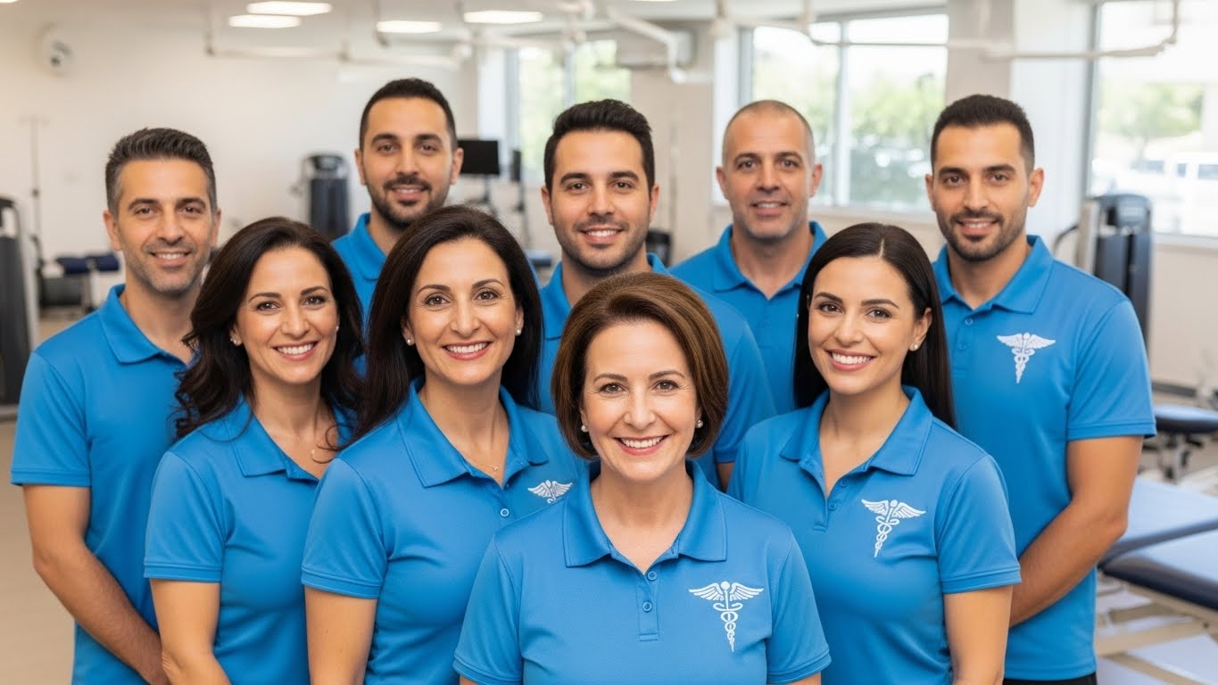 צוות פיזיותרפיסטים במרכז שיקום בישראל לובש חולצות פולו מותאמות אישית