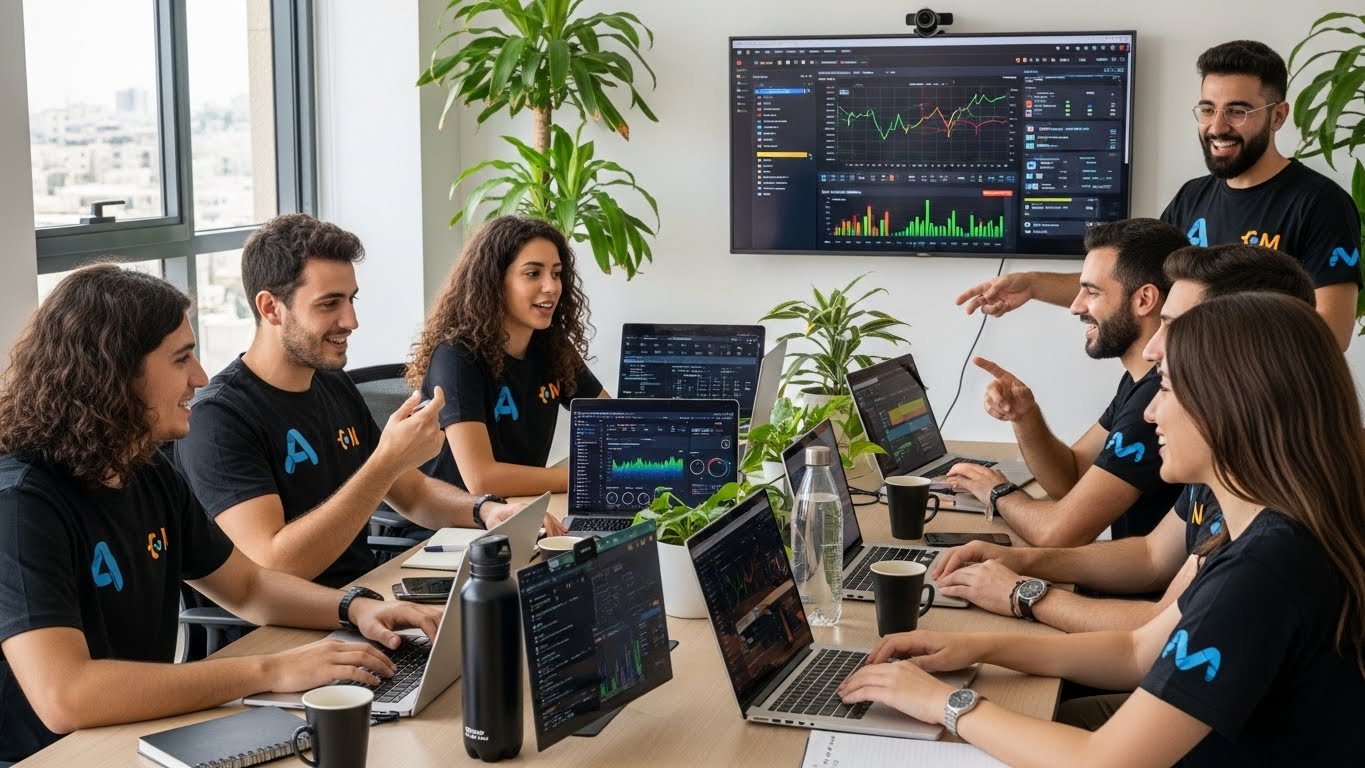 צוות צעיר של משווקי שותפים לובשים חולצות דרייפיט מעוצבות עם לוגו החברה, יושבים סביב שולחן עבודה עם מחשבים ניידים