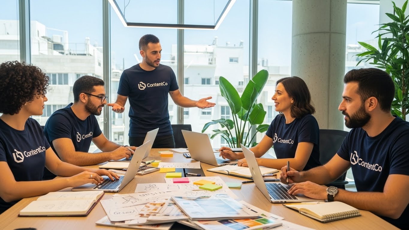 צוות שיווק תוכן ישראלי בחולצות ממותגות במהלך סשן עבודה יצירתי