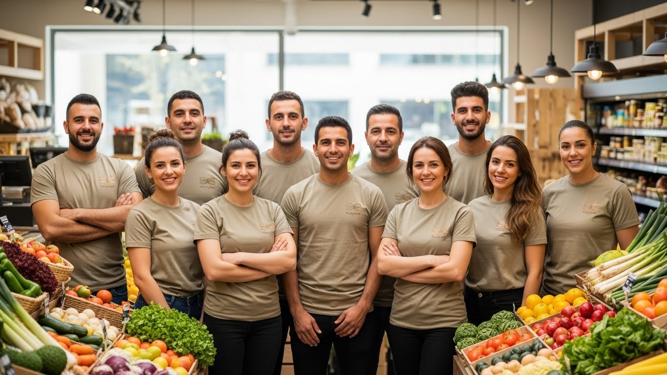 צוות שלם של חנות מזון אורגני בחולצות מותגות