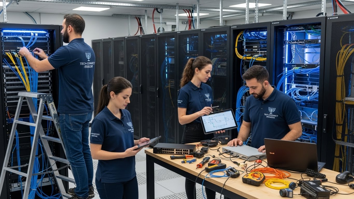 צוות תשתיות בחולצות עבודה ממותגות במהלך התקנת ציוד תקשורת