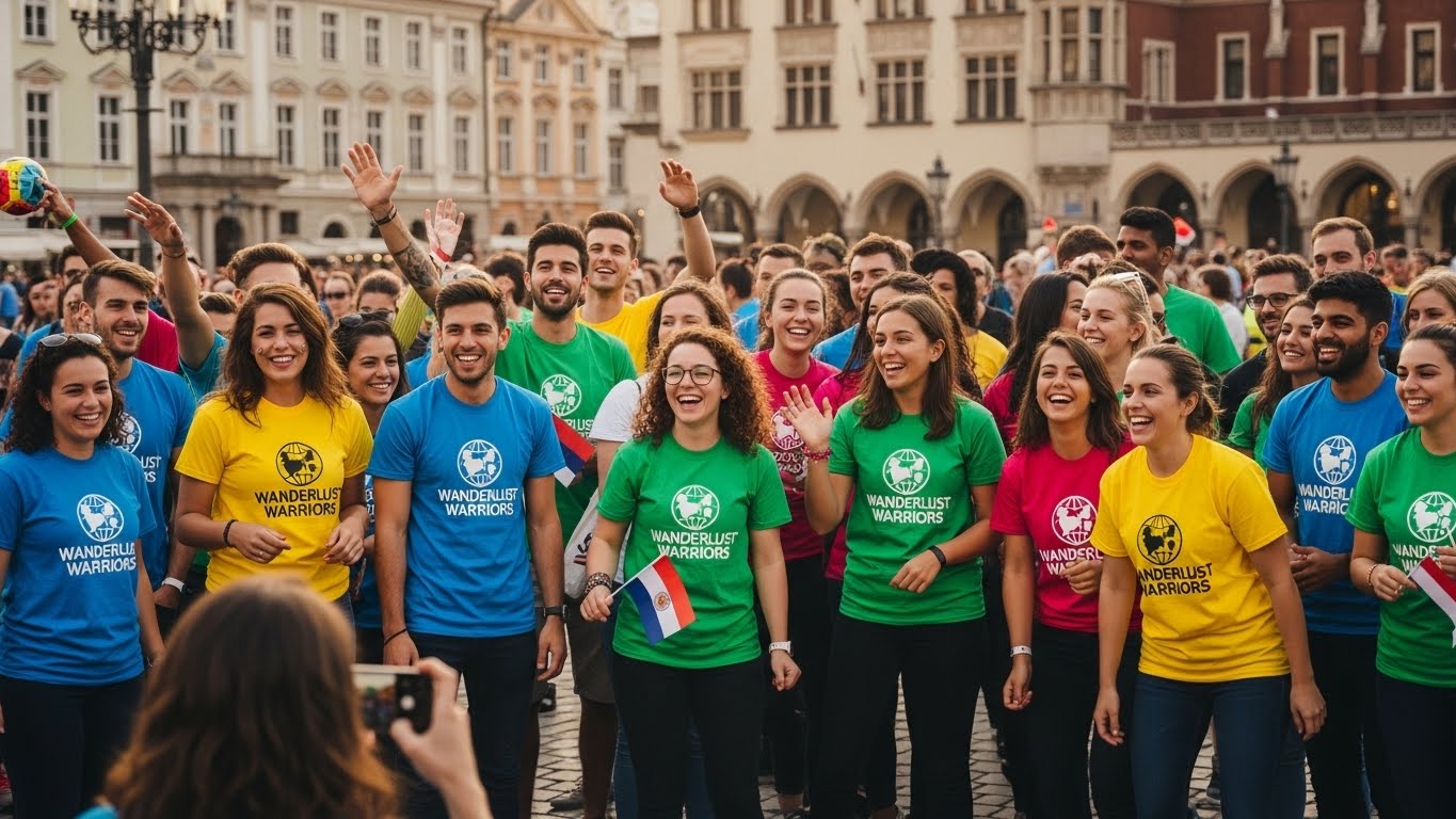 קבוצה גדולה של צעירים בחולצות קבוצתיות צבעוניות בעיר אירופאית