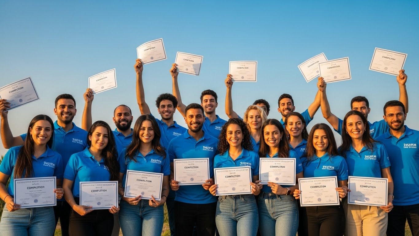 קבוצת בוגרי סדנת קריירה עומדים ביחד עם חולצות תואמות ומחזיקים תעודות סיום