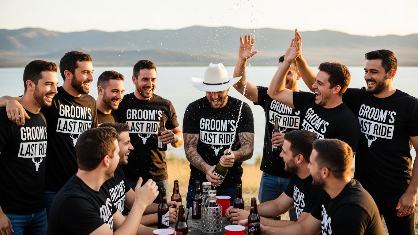 קבוצת חברים לובשים חולצות שחורות מותאמות למסיבת הרווקים