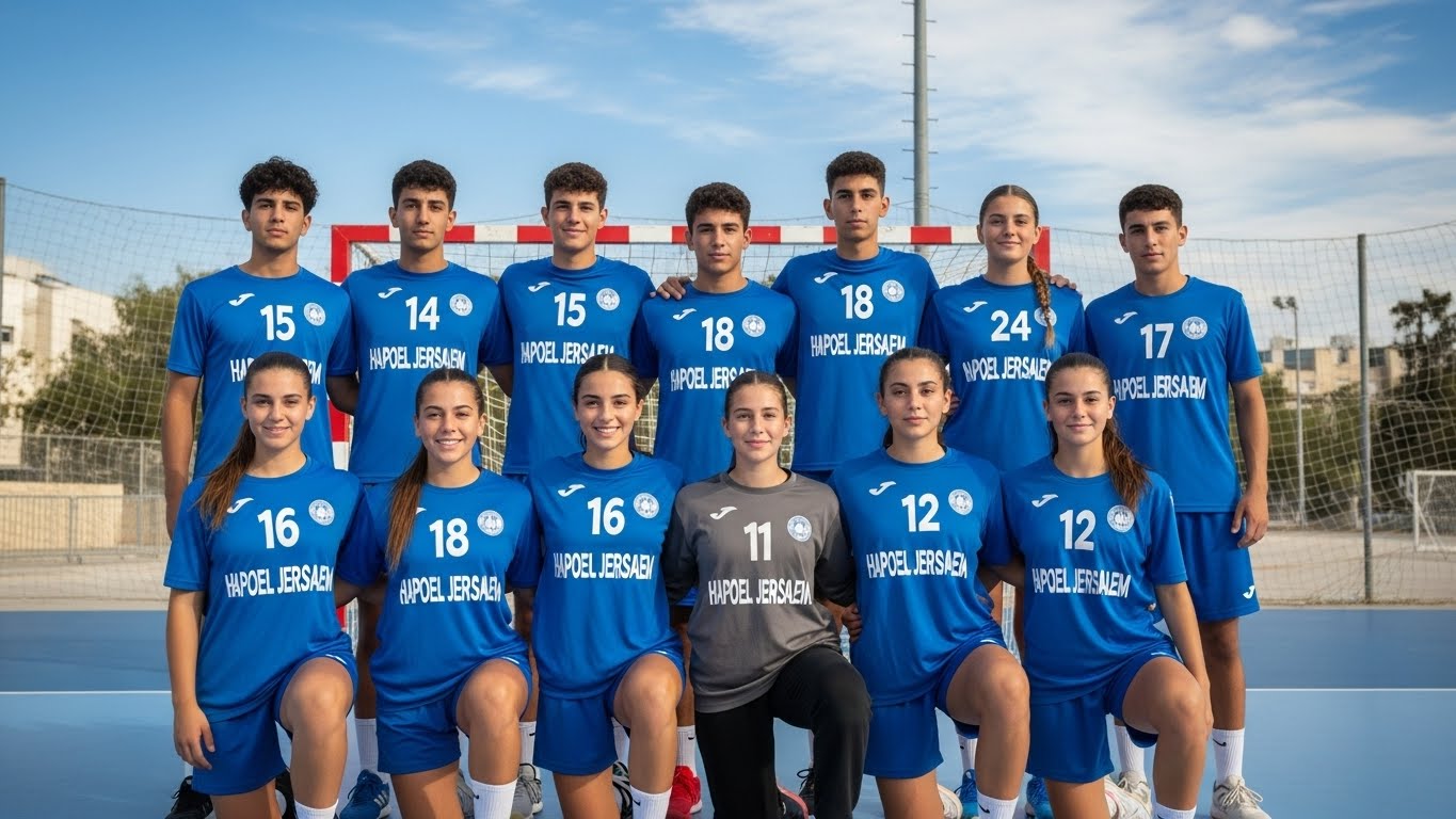 קבוצת כדוריד ישראלית עם חולצות מודפסות בצבעי תכלת לבן