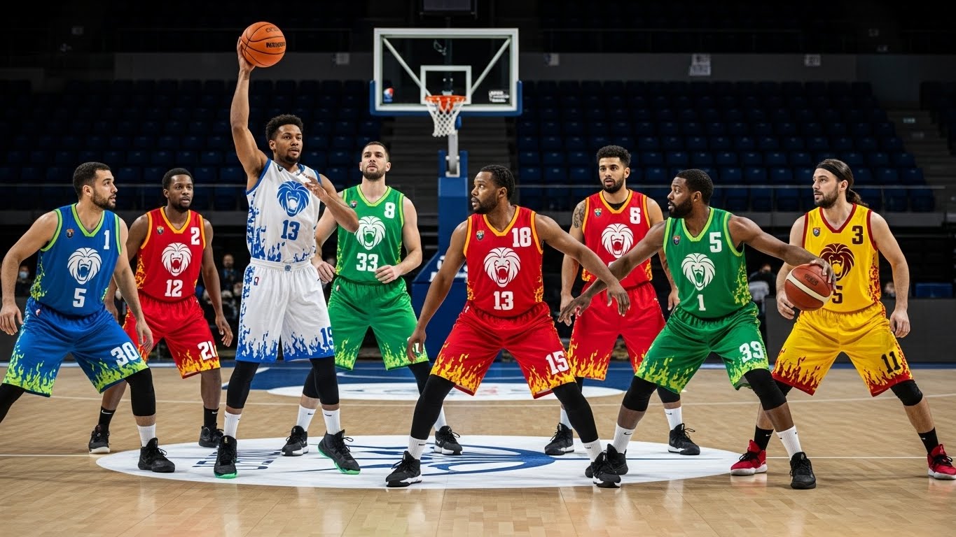 קבוצת כדורסל בחולצות ג'רסי מעוצבות