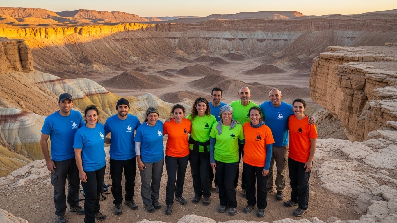 קבוצת מטיילים ישראלית בחולצות זהות עומדת ליד צוק צבעוני במדבר