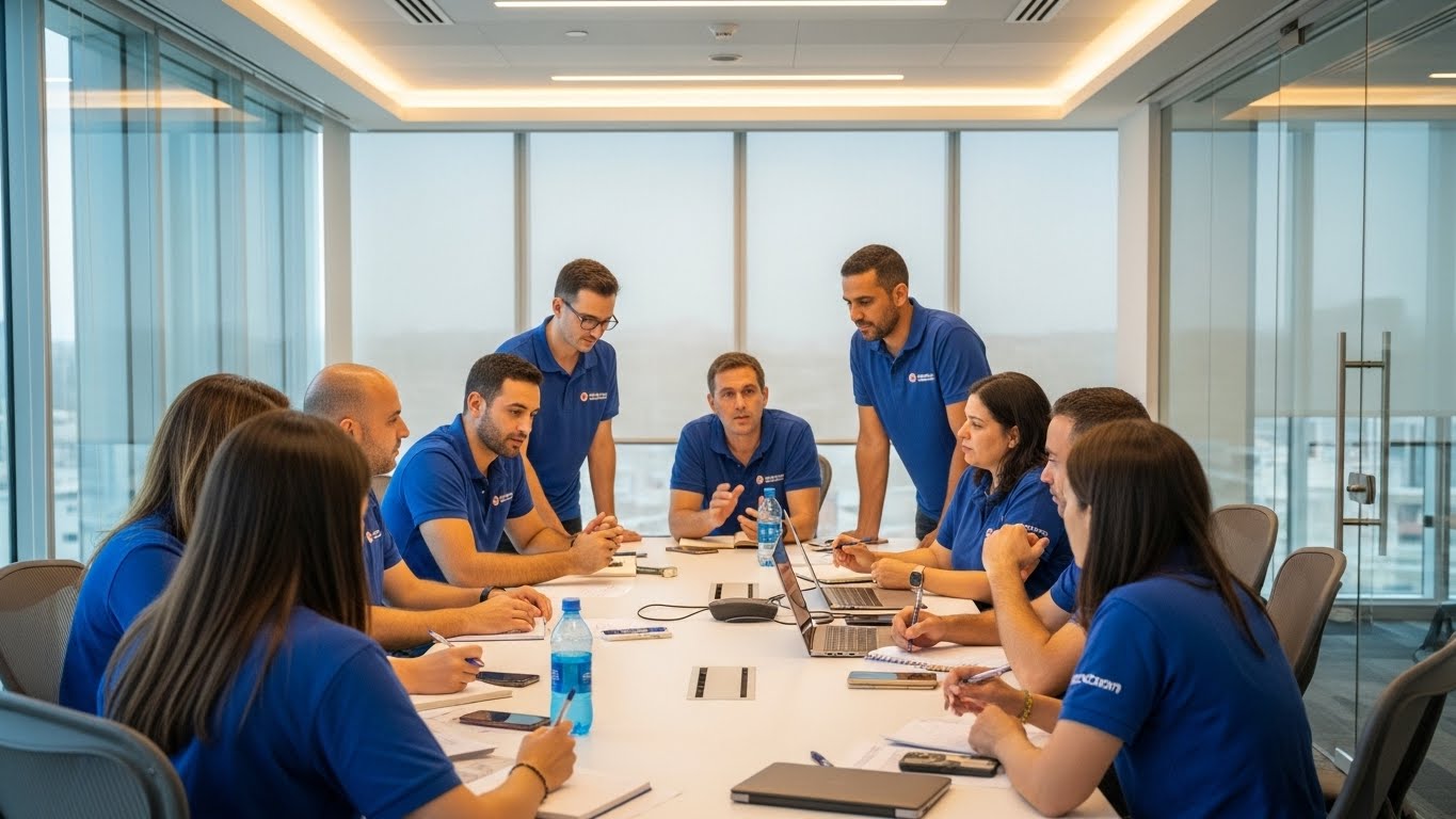 קבוצת משתתפים בסדנת קריירה לובשים חולצות פולו תואמות בצבעים מקצועיים