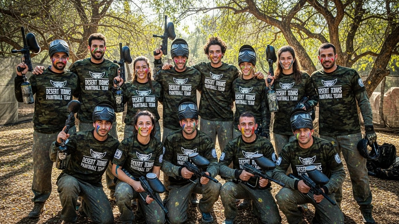 קבוצת פיינטבול ישראלית לובשת חולצות דריי-פיט מותאמות אישית בעיצוב קמופלאז