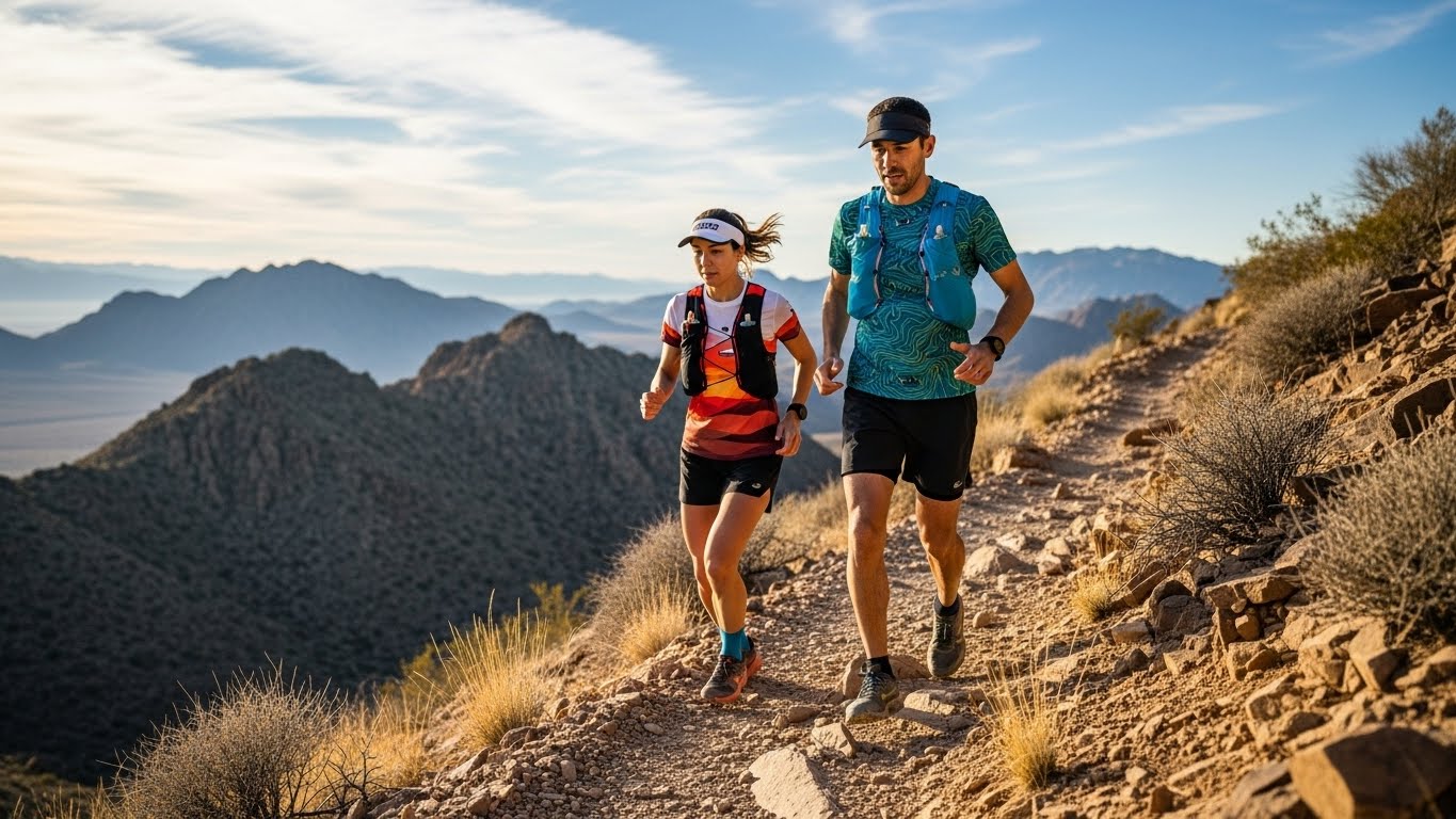 רצי שטח בחולצות טכניות מודפסות במסלול טרייל