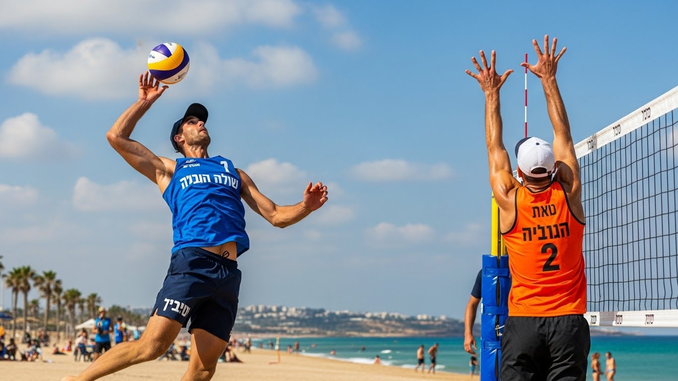 שחקני ווליבול חופים במשחק דינמי עם חולצות צבעוניות מעוצבות
