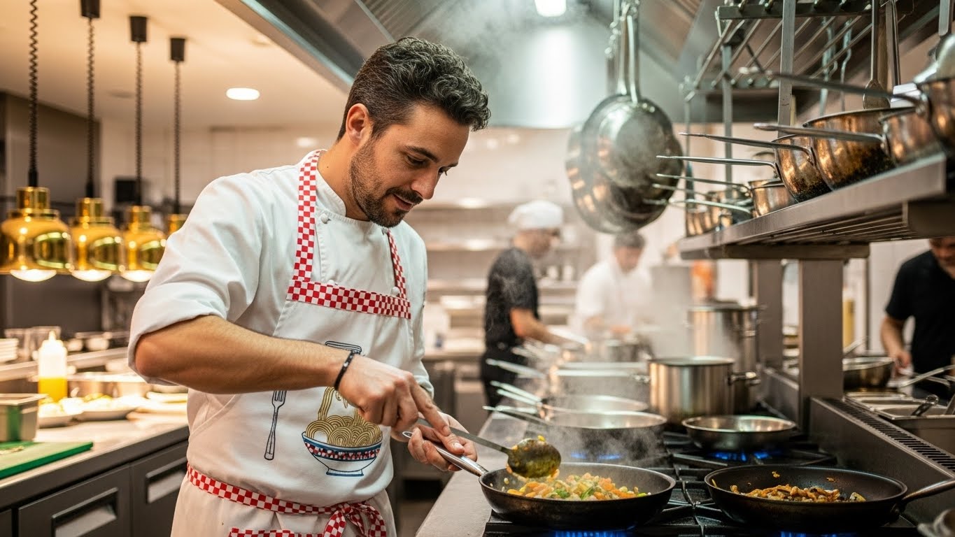 שף איטלקי במטבח עם חולצת שף לבנה וסינר מודפס