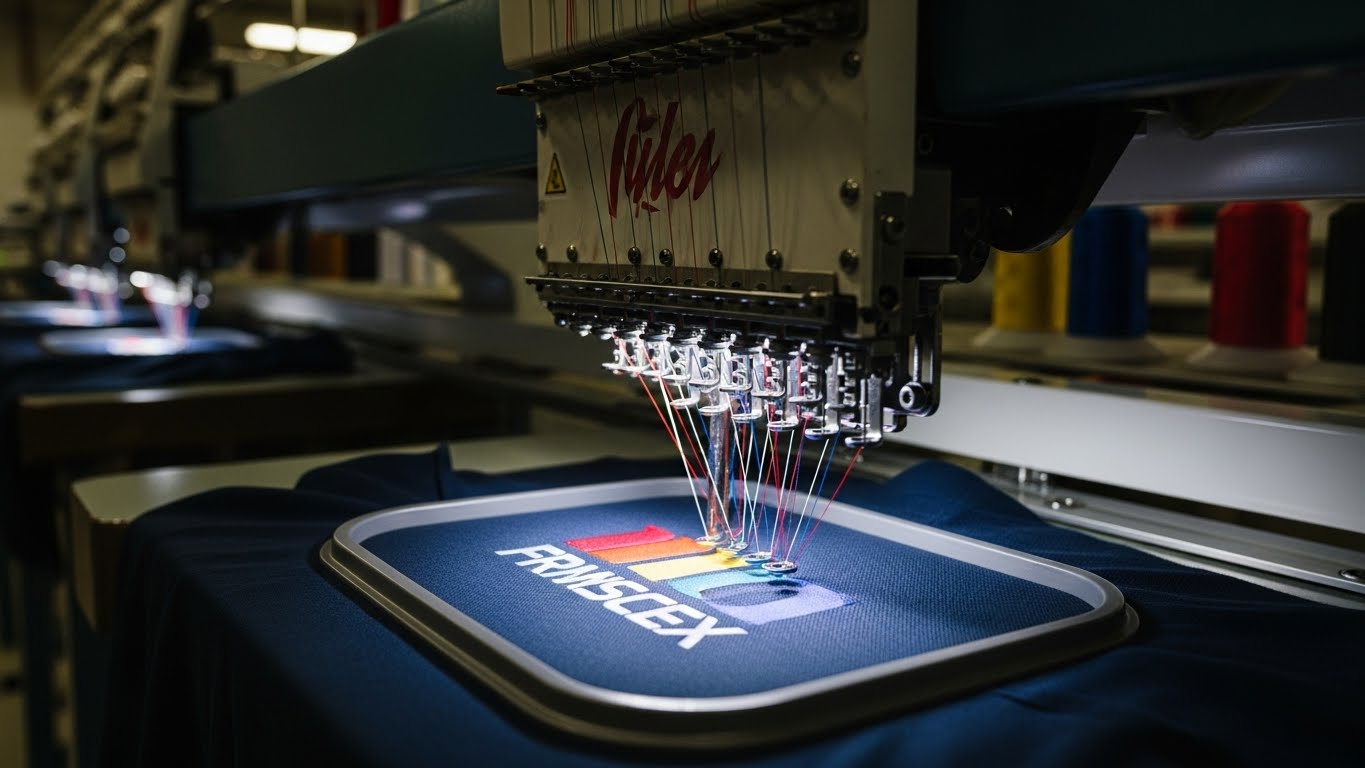 תהליך רקמת לוגו על חולצת פולו במכונת רקמה מקצועית