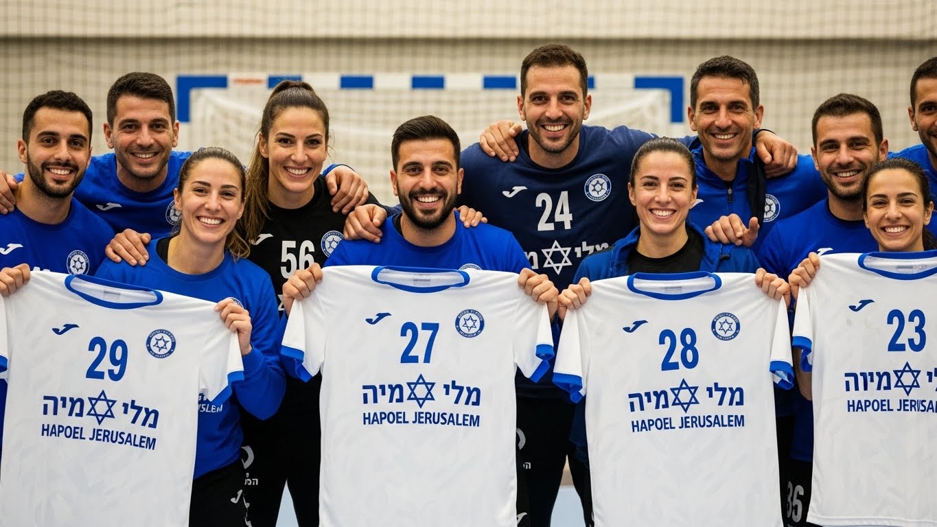 תמונה של קבוצת כדוריד עם החולצות החדשות