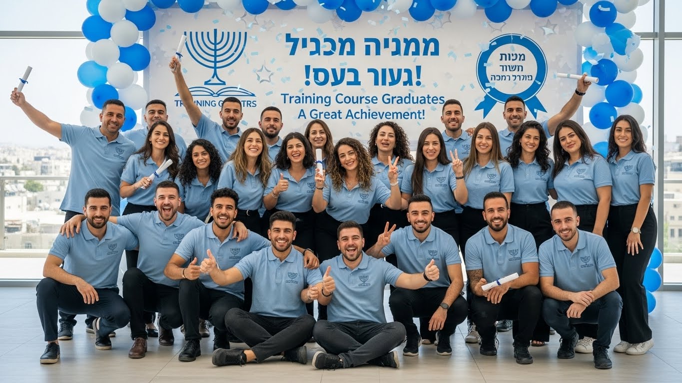 תמונת קבוצה של בוגרי קורס לובשים חולצות סיום ממותגות